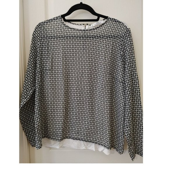 MANGO BLACK+WHITE BLOUSE CUBED - SHEER (8) - Picture 1 of 3